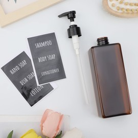 Segbeauty Square Pump Bottle 500 ml, Set of 4 Plastic Soap Dispensers for Filling, Empty Dispenser with Labels for Shampoo, Lotion, Conditioner, Body Soap, Hand Soap, Translucent Brown/Amber