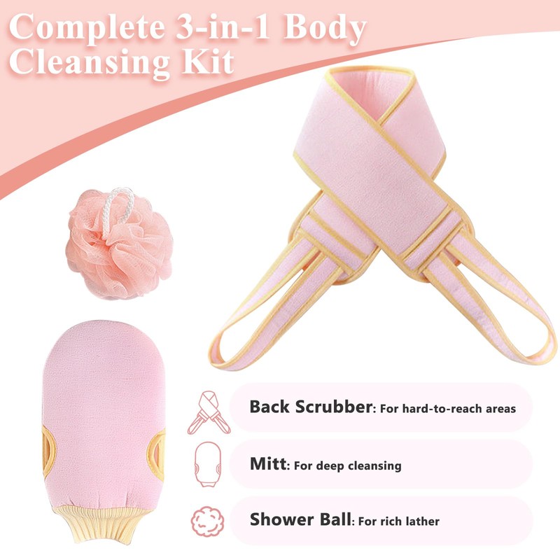 Exfoliating Glove and Back Scrubber for Shower - 3-Piece Exfoliating