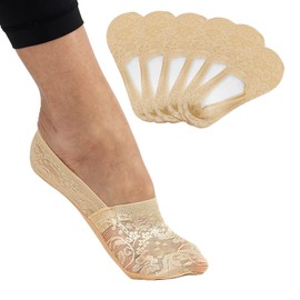 Flammi Women's Lace No Show Liner Socks Non Slip Cotton Bottom 6 Pairs (Beige)8-10 US