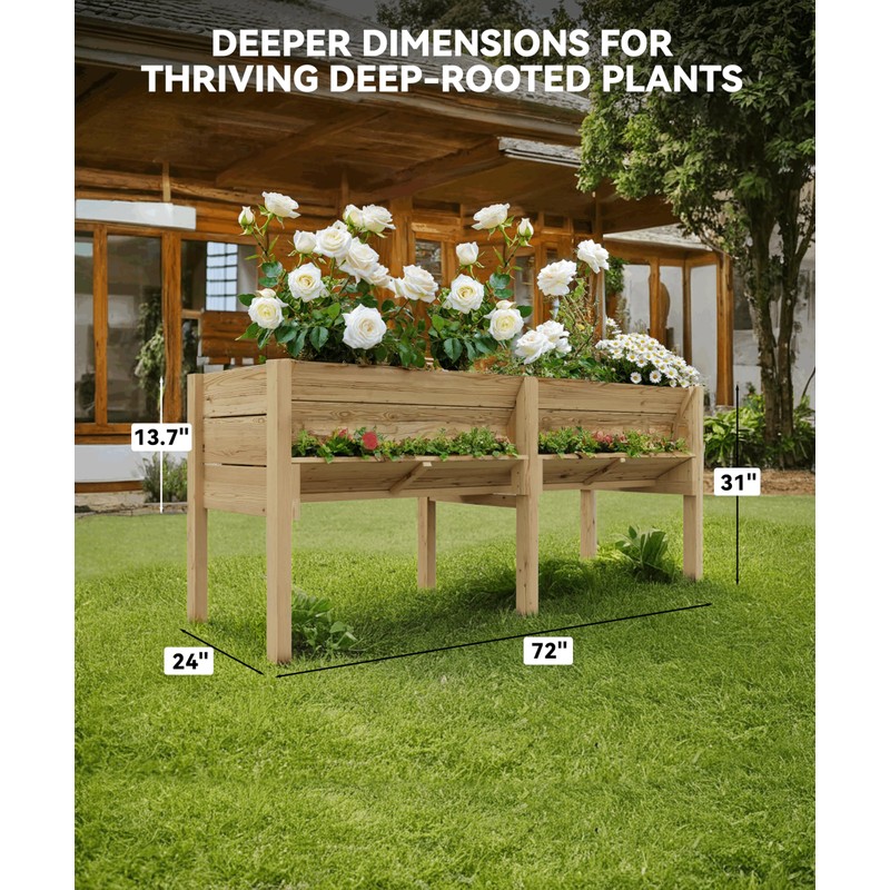 Hipicute 2 Tiers Wooden Raised Planter Box,72x23x30-Inch,Mobile Elevated Wood Planter,