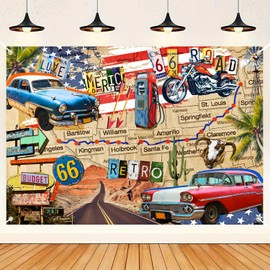 HANYING Vintage Route 66 Backdrop,Classic Car Motorcycle Route Gas Station Route Map Photography Background,Retro Car Birthday Party Decoration Portrait Studio Props 7x5ft HY069YL