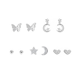 5 Pairs CZ Moon Star Dangle Stud Earrings Set for Women 925 Sterling Silver Post Pin Sliver Plated Love Heart Filigree Butterfly Star Moon Beaded Cartilage Tragus Studs Birthday Wedding Holiday Party Jewelry Box