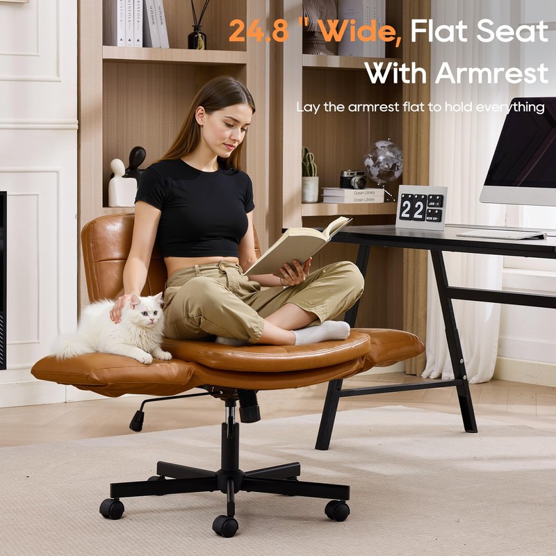 Criss Cross Office Chair with Flip Armrests, PU Leather, Brown
