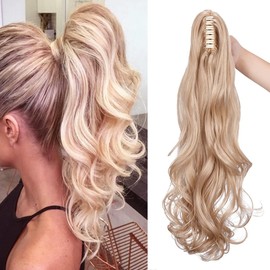 SEGO 50 cm Hairpiece Ponytail Ponytail Hair Extension Clip in Extensions Voluminous Claw on Synthetic Hair Wavy Ash Blonde Mix Bleach Blonde