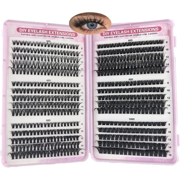 Angzhili Lash Extension Kit,Individual Eyelashes 30-40-50-60-80-100D 8-16mm Mix Cluster Lashes