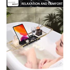 MARBBNEST Bathtub Tray Caddy for Luxury Bath Expandable Extra Wide Bath Tub Tray with Natural Marble Tray and Mobile/Tablet Stand, Ideal for Home Spa Lovers (Gold + Black)