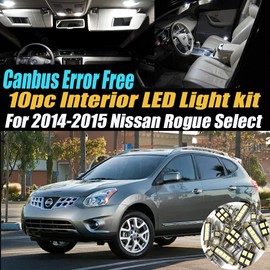 10Pc Canbus Error Free Super White 6000K Car Interior LED Light Kit Compatible for 2014-2015 Nissan Rogue Select Equipped w/Advanced Computer system