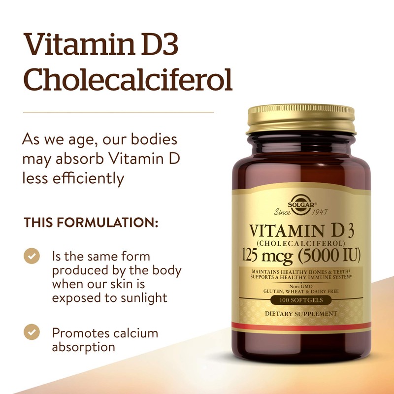 Solgar Vitamin D3 (Cholecalciferol) 125 MCG (5000 IU), 100 Softgels