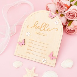 Hello World Baby Announcement Sign Newborn Welcome Name Board – 5.9"x4.7" Door-Shaped Birth Stat Plaque with 3D Pink Butterfly & White Flowers – Photo Prop & Keepsake for New Parents Nursery Decor