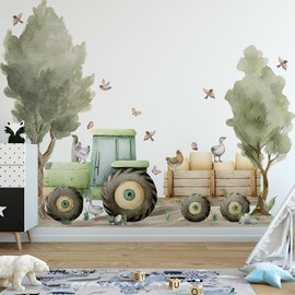 Farm Tractor Wall Decal,Farmhouse Animals Chickens, Ducks, Birds,Goose,Clouds,Trees Wall Stickers,Farm Tractor with Trailer Decor for Boys Girls Playroom Barn Nursery Kids Room