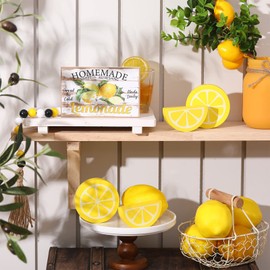 Jetec 5 Pcs Lemon Tiered Tray Decor Sign Summer Table Centerpieces Lemon Wooden Tabletop Decorations Table Decorations Centerpieces for Home Party Shelf Decordecor