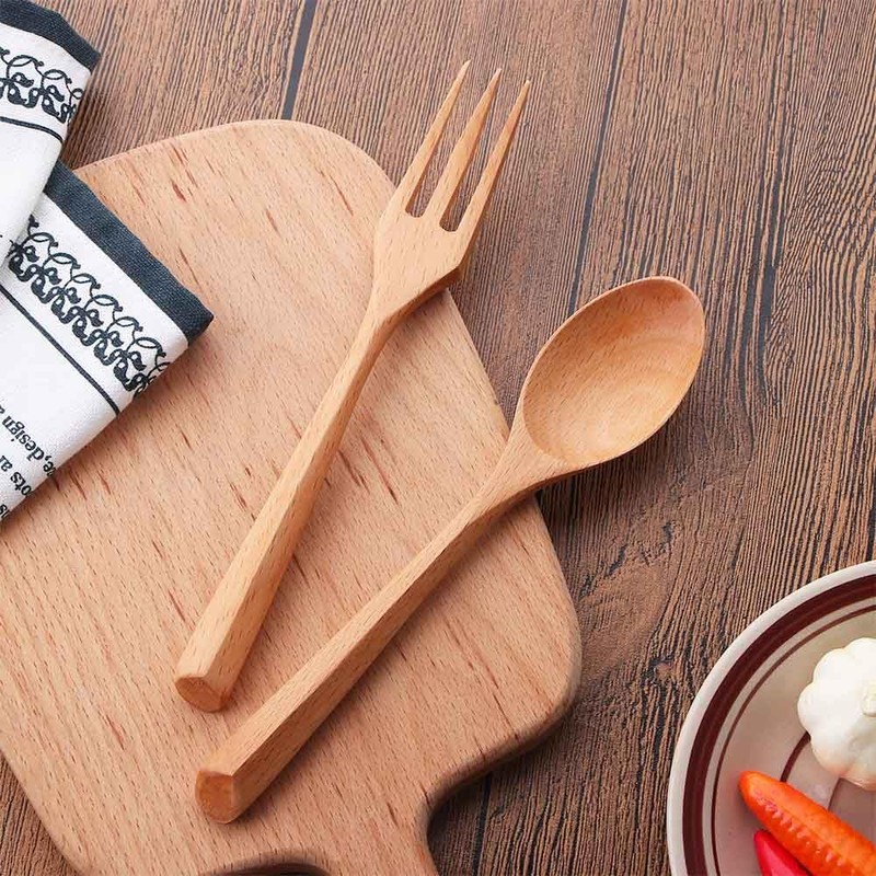 Wooden Spoon and Fork Set Portable Kitchen Utensils Wood Handle