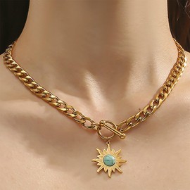 Allereya Vintage Turquoise Flower Pendant Necklace Sun Flower Choker Necklace Punk Curb Chain Necklace Gold T Bar Necklace Jewelry for Women and Girls