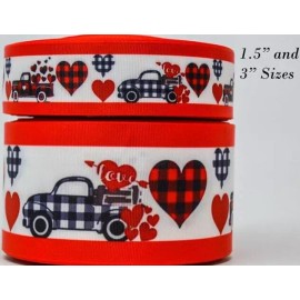 3"  Wide Black and Red Buffalo Plaid Truck & Hearts Print Grosgrain Cheer Bow Ri