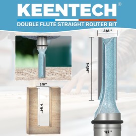 KEENTECH Carbide Tipped Double Flute Straight Router Bit, 1/2 Inch Shank Router Bit with Heat Resistance Coating 3/8" Dia. Cutting Depth 1-1/4" for Woodworking Grooving, Dadoing, Edge Profiling