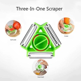 ProChefPrime 3 in 1 Vegetable Fruit Peeler, Multifunctional Stainless Steel Swivel Serrated Julienne Peeler for Kitchen, Veggie Peeler Slicker for Potato, Carrot, Tomato, Apple, Cucumber (Green)