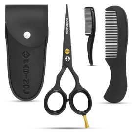 FABINOC 4.5 Inches Beard and Moustache Scissors with Comb & Pouch – Eyebrow, Ear & Nose Small Hair Scissors - Stainless Steel Mustashe Grooming Kit (Black)