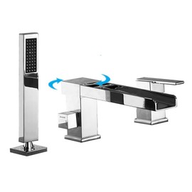 Artbath Waterfall Bathtub Faucet with Sprayer, 3-Hole Roman Tub Filler with Hand Shower Deck Mount Waterfall Tub Spout Set Chrome