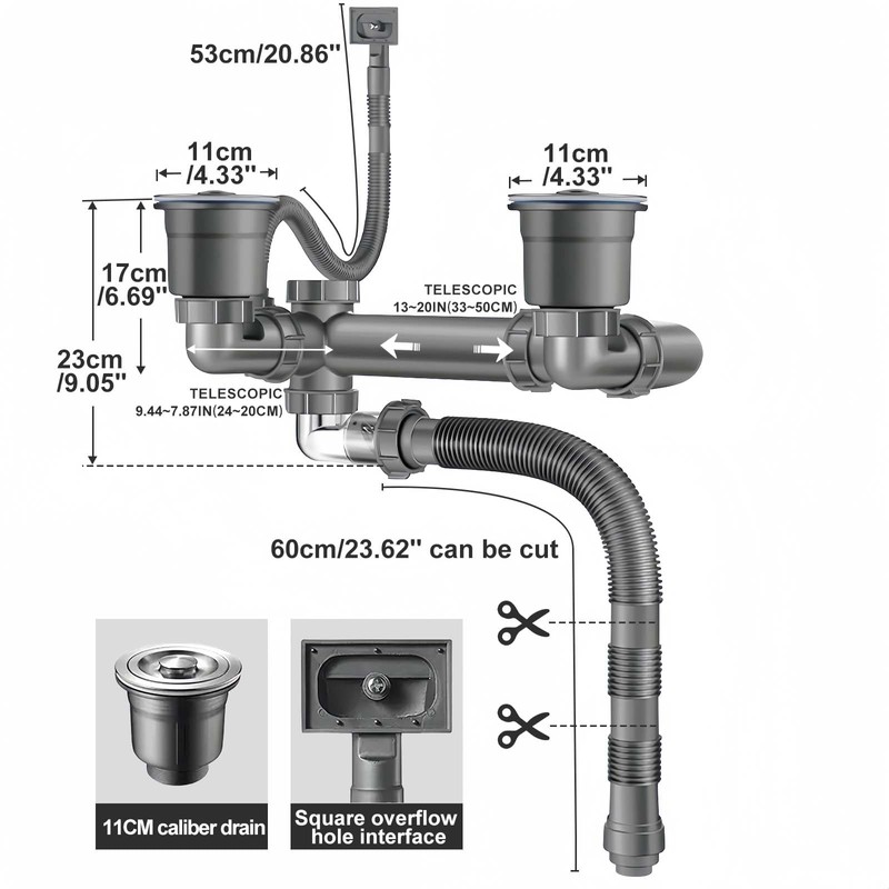 QpuanTu Double Sink Drain Kit - Multi Function P Trap,