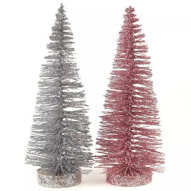 Set of 2  Silver and Pink Glittered 10" Bottle Brush Trees with Wood Bases