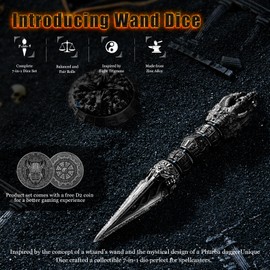 Unique Metal DND Wand dice Set with Bagua Stand, Seven as one, Roulette dice Rotator, Suitable for Role-Playing or Steampunk Themed Games with D20 D12 D10 D8 D6 D4 D00% Metal dice Set (Black)