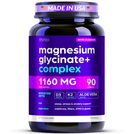 Thinbi Magnesium Glycinate Complex for Women & Men, D3, K2 & Aloe, 90 Caps | Chelated magnesium, Includes Vitamin D3, Vitamin K2 & Aloe Vera, Gentle on stomach, Daily capsule formula