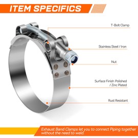 PM PERFORMOTOR T-Bolt Clamps for Use with 2.5 inch ID Hose, Stainless Steel Turbo Intake Clamp with L-Wrench, 66-76mm / 2.6-3inch Adjustable ID, Polished/Zinc Plated Silver (8 Pcs)