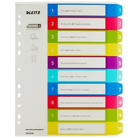Leitz Index for A4, PC-writable cover sheet and 10 dividers, tabs with number print 1-10, extra width, multicoloured, polypropylene, WOW, 12430000