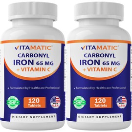 Vitamatic Carbonyl Iron 65 mg with Vitamin C – Gentle Iron Supplement for Energy & Immune Support – High Absorption – 2 Pack (240 Tablets)
