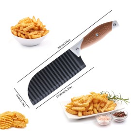 Crinkle Cutter for Veggies, OLULU Crinkle Cut Knife, Great for Veggies, French Fry, Potato, Cucumber, Carrot, Stainless Steel Wave Fries Cutter Slicer with Rubber Handle, Dishwasher Safe (Brown)