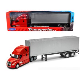 DCD Freightliner Cascadia Truck in Red with Gray Container 1/32 Scale Diecast Model Welly's Transporter Series