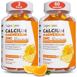 Fajeckma Calcium Magnesium Zinc Gummies for Adult: 1200mg Calcium Citrate with Vitamin D3 K3 - Natural Organic Sugar Free High Absorption Supplement for Women Men Kids(120Count)
