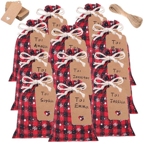 48 Pcs Christmas Drawstring Bags Xmas Buffalo Plaid Burlap Candy Bags Linen Treat Bags Holiday Party Favor Christmas Sack Sachet Bag with Cards and Rope (Black Red, 6 x 4 Inch)