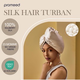 PROMEED 100% Silk Bonnets with Hyaluronic Acid, 23 Momme Mulberry Silk Turban Head Wraps for Hair Hydration, Moisture-Locking Silk Cap for Hair Care Routines (CHAMPAGNE)