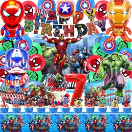 82 Pieces Superheroes 7 Years Birthday Decoration Set Aveger, Superheroes 7 Year Party Decoration Supplies, Aveger Decoration Birthday Children, Superhero Tableware Plates Table Cloth Napkins