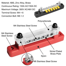 Umelee BusBar Distribution Block 2 Pieces, BusBar Box 150A, 12V~48V DC with Cover, Single Row Busbar with 6 M4 Screws, 2 M6 Bolts, 12 Connectors, for Car, Motorhome, Yacht, Boat