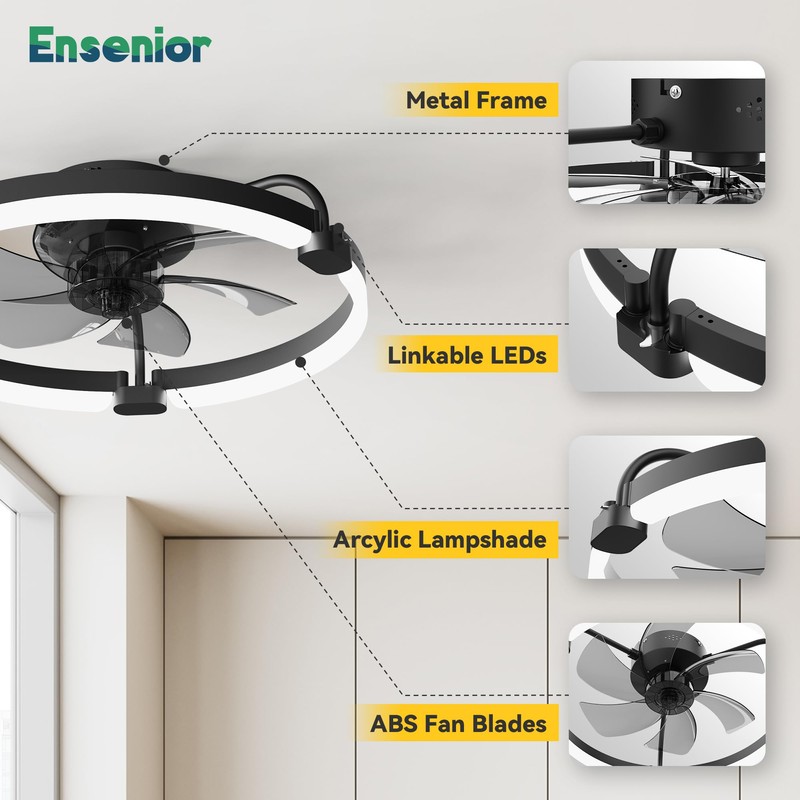 Ensenior 20'' Low Profile Ceiling Fans with Lights and Remote,