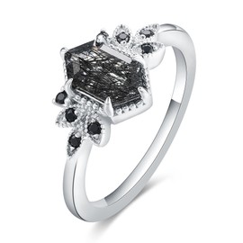 IRROYA Gothic Art Deco 1.1 Carat Long Hexagon Natural Black Rutilated Quartz Engagement Ring Antique Marquise Bezel Set Round Black Spinel Ring 925 Silver Cluster Black Stone Wedding Ring Plated by