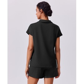 PINSPARK Two Piece Sets for Women Summer High Waisted Sweatsuit Short Sleeve Sweatshirt Sweat Shorts Tracksuit Lounge Sets with Pockets, Black XXL