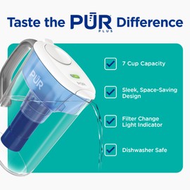 PUR Plus 7-Cup Water Filter Pitcher for Fridge, Cleaner, Great-tasting Water, Dishwasher Safe, Powerful Filtration, Change Light Indicator, LockFit Cap Design, White