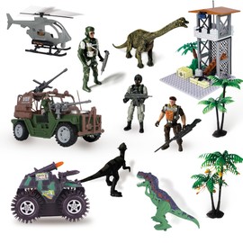 13PCS Military Combat Toy Sets with Watchtower Building Dinosaur Park For Toddler, Military Base with Army Vehicles & Helicopter,Military Soldier Action Figures, Christmas Birthday Gift for Kids Boy