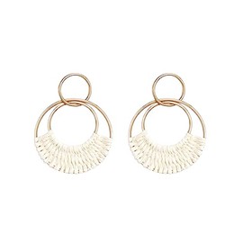 Double Twist Hoop Rattan Drop Earrings Boho Rafi Grass Hoop Earrings for Women Girls, Hand Woven Earrings Lightweight Summer Beach Vacation Jewelry (White)