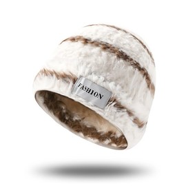 Knuffnee Women's Winter Slouchy Beanie Hat Warm Plush Winter Hat Soft Fluffy Knitted Hat, White-khaki stripes