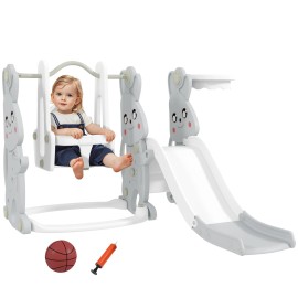 Qaba 4 in 1 Toddler Slide and Swing Set w/ Climber, Basketball Hoop, Gray