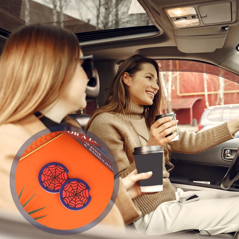 2pcs Red Spider Web Car Coasters, Non-Scratch Cork Base Cup