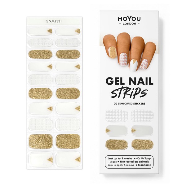 MOYOU LONDON Semi-cured UV Gel Strips - Pack of 20 - Gel Nail Foils UV Hardening for Salon Quality Manicure - Set with Nail File & Wooden Cuticle Sticks - Plaid & Parade