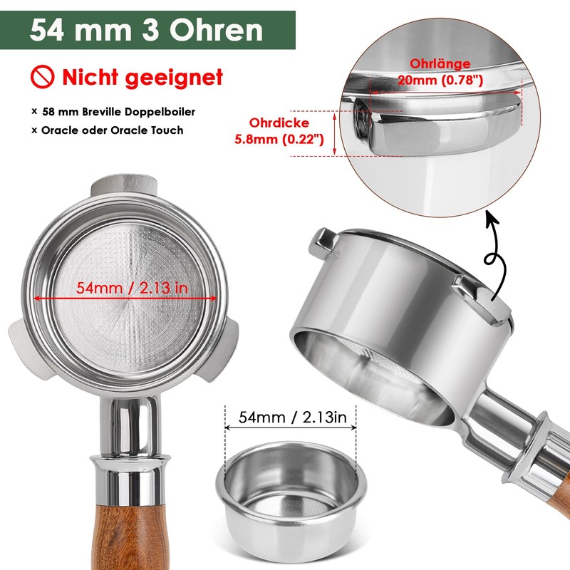 Bottomless Portafilter 54 mm 3 Ears, Filter Holder 54 mm