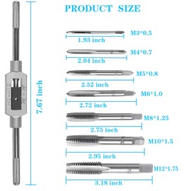 Yuentoen Tap Set, 8 Pieces Bearing Steel Tap Cutter Adjustable Pro Tap Wrench, Thread Cutting Set with Straight Groove Taps for Tap Wrench 1/16 Inch - 1/2 Inch, M3-M12 Tap and Die Set