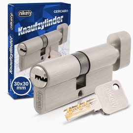GERCAR Pro Knob Cylinder 30/30 Solid Lock Cylinder with Knob Cylinder Lock Door Lock - Matt Nickel-Plated Brass - Includes 5 Keys - Reversible Key - Length: 60 mm, A:30 B:30-1x