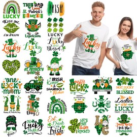 Perthlin 30 Pcs St. Patrick's Day Iron on Transfers Shamrock Patches Decals Appliques Iron on Transfers for T-Shirts Green Iron on Decals Gnome Heat Transfers for Clothes Bag Pillow Covers DIY